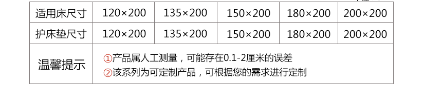 产品尺寸表，供您挑选